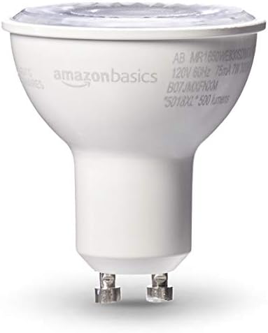 Amazon Basics MR16 LED Light Bulb, 50W Equivalent, Energy Efficient 7W, GU10 Base, Warm White 3000K, Dimmable, 10,000 Hour Lifetime, 6-Pack