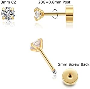 Renkovte Flat Back Screw Back CZ Stud Earrings, Small Cubic Zirconia Stud Earrings for Helix Cartilage Tragus Earlobe Piercing for Women (2mm 3mm 4mm Gold Color)