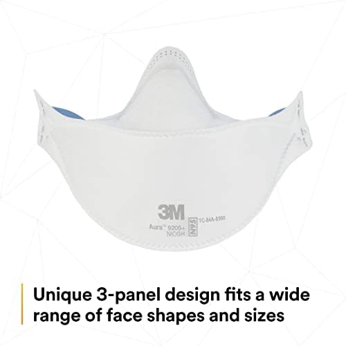 3M Aura Particulate Respirator 9205+, N95, Individually Wrapped, 3 Panel Flat Fold Design Allows for Facial Movements