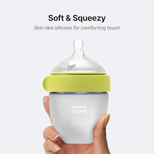 Comotomo Silicone Baby Bottle Gen 2 – 2026 Release (5oz) – True Slow-Flow Nipple for Newborn Feeding (0-3 Months) with Dual Anti Colic Vents for Breast to Bottle Transition, Green (Double Pack)