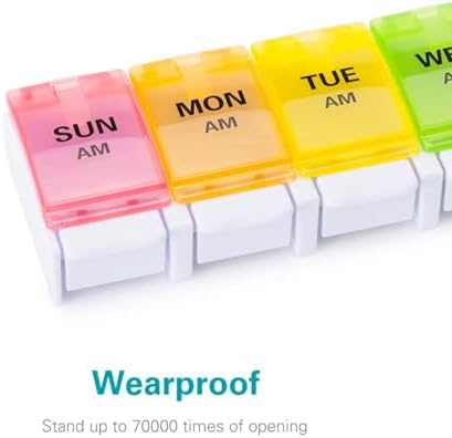 Sukuos AM PM Weekly Pill Organizer 2 Times A Day, Large Daily Pill Box Case 7 Day with Easy Push Button Design, Detachable Medicine Holder for Vitamin/Fish Oil/Supplements (Rainbow)
