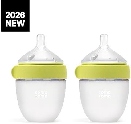 Comotomo Silicone Baby Bottle Gen 2 – 2026 Release (5oz) – True Slow-Flow Nipple for Newborn Feeding (0-3 Months) with Dual Anti Colic Vents for Breast to Bottle Transition, Green (Double Pack)