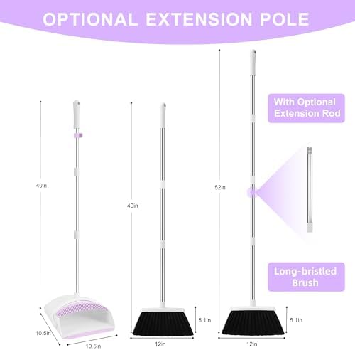 Broom with Dustpan Combo Set for Home, 52-in Long Adjustable Handle Angle Broom and Dustpan Set with Dustpan Comb Teeth for Sweeping Pet Hair Food Dirt Kitchen (White-Purple)
