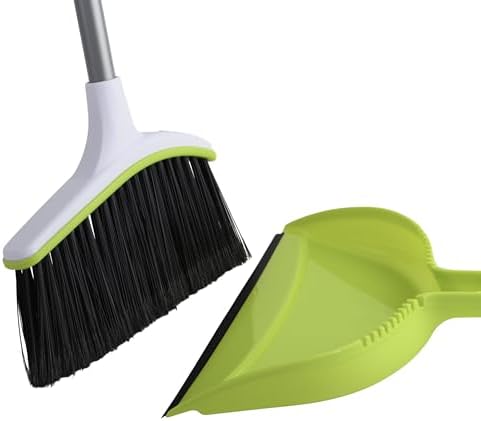 Casabella Basics 2-Piece Angled Broom and Dustpan Set, 44" Angled Broom with Long Handle and Dustpan, Silver/Green
