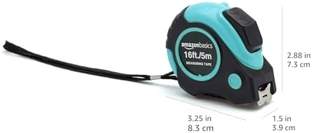 Amazon Basics Retractable Tape Measure with Metric and SAE Measurements, 16 ft / 192 in, Turquoise