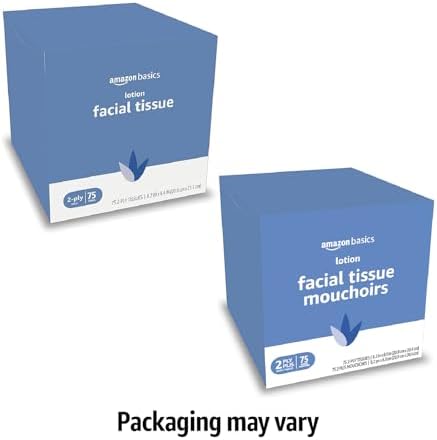 Amazon Basics Facial Tissues with Lotion, 2-Ply, 1350 Count (18 Packs of 75), Cube Box, (Packaging May Vary)