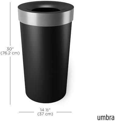 Umbra Vento Kitchen Trash Can, Open Top Bin, 16.5 Gallon, Black/Nickel