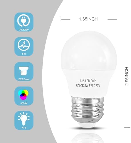 LED Refrigerator Light Bulb 2 Pack，Dimmable A15 5000K 40W Equivalent