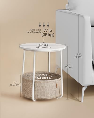 VASAGLE Small Round Side End Table, Small Nightstand with Fabric Basket
