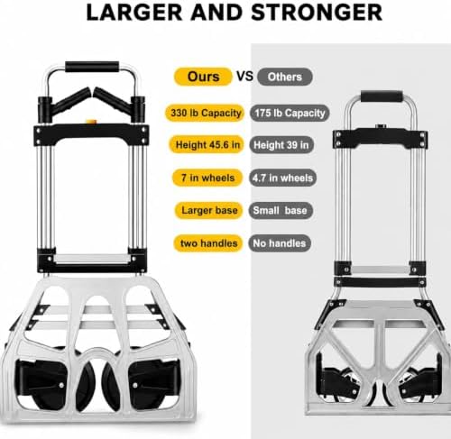330 LB Capacity Folding Hand Truck Dolly Cart, Portable Aluminum Dolly Cart with Telescoping Handle and Rubber Wheels for Moving,Shopping,Travel,Office Use.