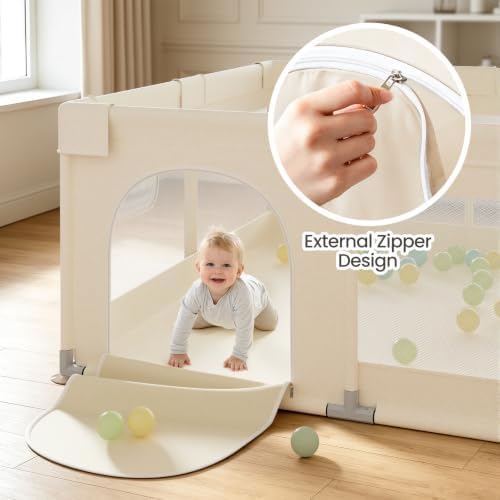 Uanlauo Beige Small Baby Playpen - 47x47in Playpen for Babies and Toddlers