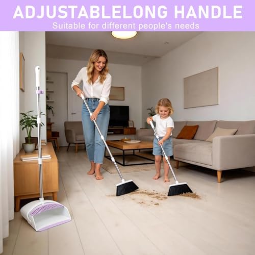 Broom with Dustpan Combo Set for Home, 52-in Long Adjustable Handle Angle Broom and Dustpan Set with Dustpan Comb Teeth for Sweeping Pet Hair Food Dirt Kitchen (White-Purple)