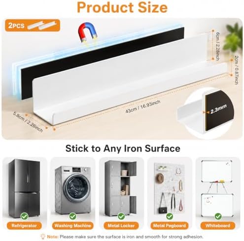 2 Pack Magnetic Book Shelf for Whiteboard, 17 Inch Heavy Duty Metal Magnetic Shelves, Holds 12 lbs, Magnetic Book Display for Classroom Furniture, Office - White