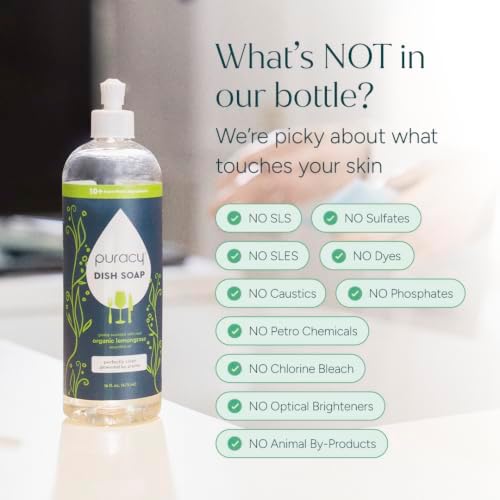 Puracy Natural Dish Soap Refill - Skin-Softening Plant-Based Liquid Dishwashing Detergent Soap, Clean-Rinsing Water-Sheeting Formula (Organic Lemongrass, 48 fl oz)