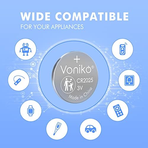 Voniko CR2025 3V Lithium Batteries 5 Pack for Child Safety, Compatible with Remotes, Key Fobs, Watches, Calculators - 7 Years Shelf Life