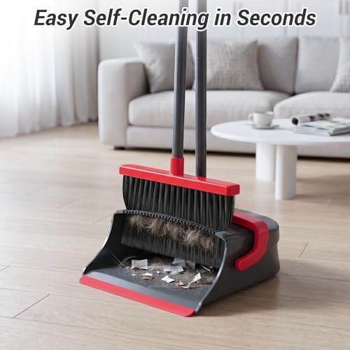 Broom with Dustpan Set for Pet Hair & Dust Cleanup, Red & Gray