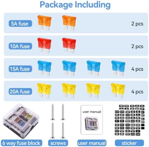 WUPP 12 Volt Fuse Block, Waterproof Boat Fuse Panel with LED Warning Indicator Damp-Proof Cover, 6 Circuits with Negative Bus Fuse Box for Car Marine RV Truck DC 12-24V