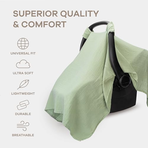 Comfy Cubs Baby Car Seat Cover - Muslin Cotton Baby Seat Cover Sage