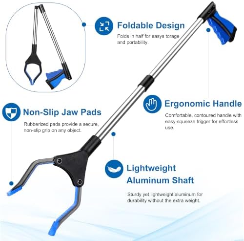 Reacher Grabber Pickup Tool, 32 Inch Grabber Reacher Tool for Seniors, Foldable Reaching Aid with 4.3 Inch Wide Jaw, Trash Picker Upper Grabber, Lightweight Mobility Aid for Elderly