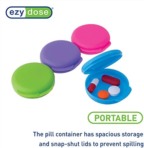 EZY DOSE Daily Round, Compact, Small, Disrcrete, Portable On-The-Go Pocket Pharmacy, Pill Box, Organizer and Vitamin Containers, Snap Shut Lids, Travel Friendly, Colors May Vary, 2 Pack, BPA Free
