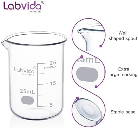 Upgrated 6 Size Low Form Glass Beaker Set, 25ml 50ml 100ml 250ml 500ml 1000ml, 3.3 Boro Glass beakers with Printed Graduation, LVA019