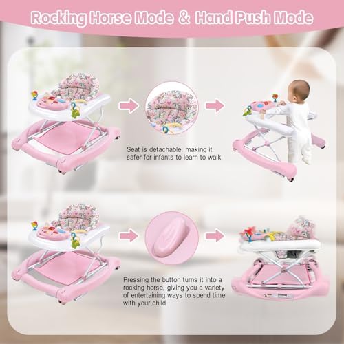 5 in 1 Foldable Baby Walker, Activity Baby Walker-Baby Bouncer, Rocker, Activity Center,Seat and Push Walker,Detachable Trampoline Mat, Adjustable Speed Rear Wheels and Height,Ages 6-18 Months(Pink)