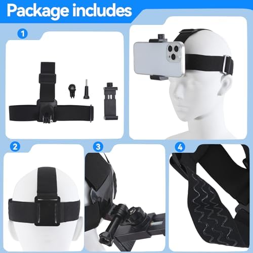 Head-Mounted Mobile Phone Holder,First-Person View Video Outdoor Live Shooting Bracket with Phone Clip(4"-7") for iPhone Samsung Smartphones and GoPro Insta360 Sony DJI Action Camera Head Mount Strap