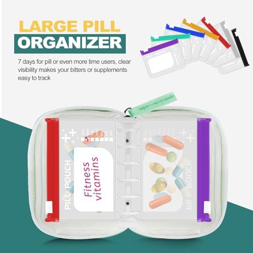 Timueetech A7 Waterproof Pill Organizer with 7 PCS L Size Zippered Pill Pouches for A7 Binder, Large BPA-Free Weekly Medicine Organizer, Color-Coded Reusable Travel Pill Storage System