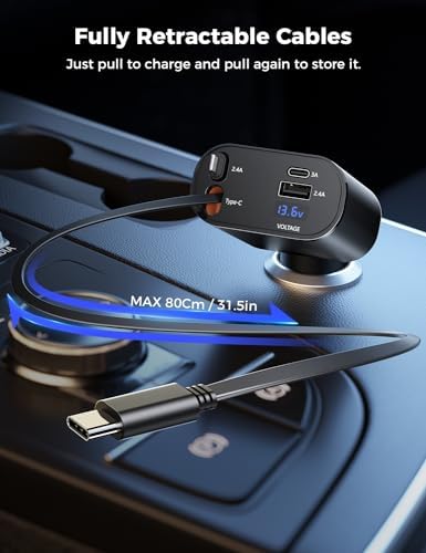 SUPERONE Retractable USB C Car Charger, 69W 4-in-1 Fast Charging Adapter