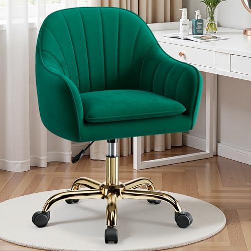 Vanity Chair with Wheels, Comfy Home Office Desk Chairs Adjustable Modern Velvet Makeup Vanity Chairs for Bedroom Living Room-Green