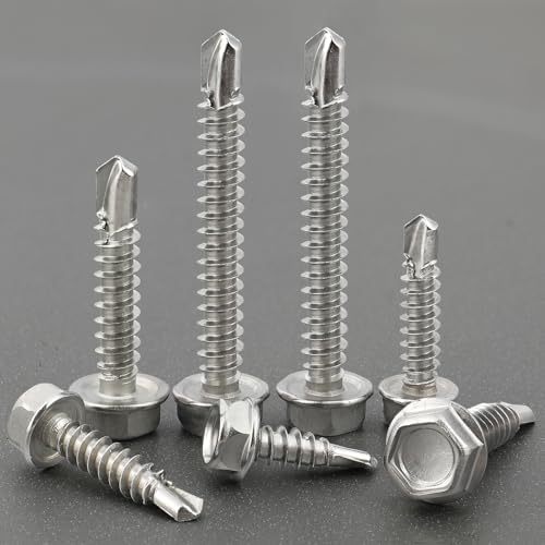 VGBUY 150Pcs Self Drilling Screws Assortment Kit, 410 Stainless Steel Self Tapping Sheet Metal Screws, #8 1/2" 3/4" #10 1" 1-1/2", Hex Washer Head