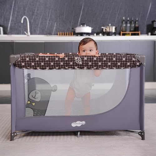 Pamo Babe Pack and Play Portable Crib Baby Playpen Foldable Playard for Infant Toddler with Mattress Pad, Lightweight Unisex Travel Crib Gray