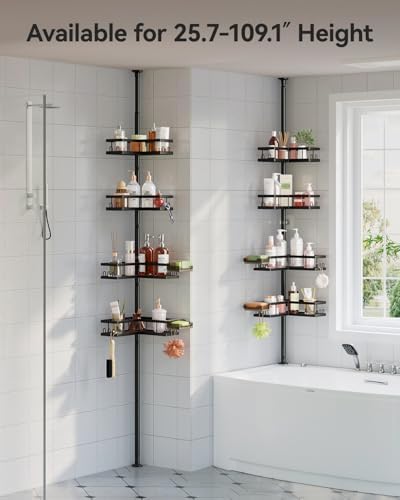 YASONIC Corner Shower Caddy Tension Pole, 25.7-109.1in Adjustable Shower Shelves, Rust-Resistant Shower Organizer, No-Drill 3-Step Installation, Bathroom Shelves for Renters & Family, Black