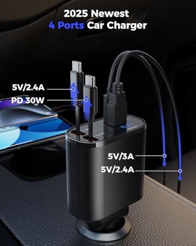 SUPERONE Retractable USB C Car Charger, 69W 4-in-1 Fast Charging Adapter