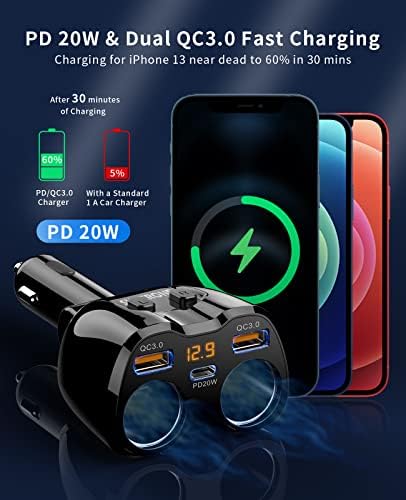 Cigarette Lighter Splitter, SUPERONE 180W 2-Socket Adapter with PD USB-C