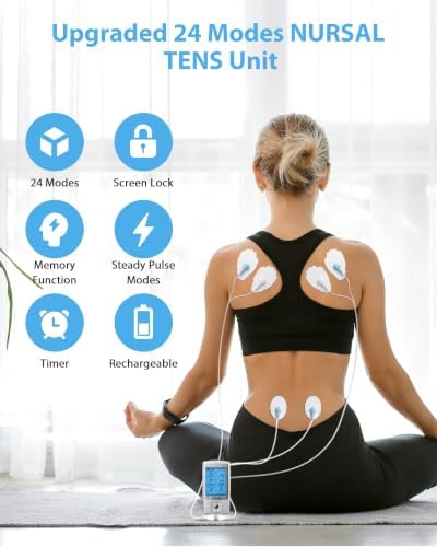 NURSAL 24 Modes TENS Unit Muscle Stimulator for Pain Relief, Rechargeable Electronic Pulse Massager, 8 Pcs Pads, Drug-Free Pain Relief for Shoulder, Back, Muscle, ABS Pads Holder