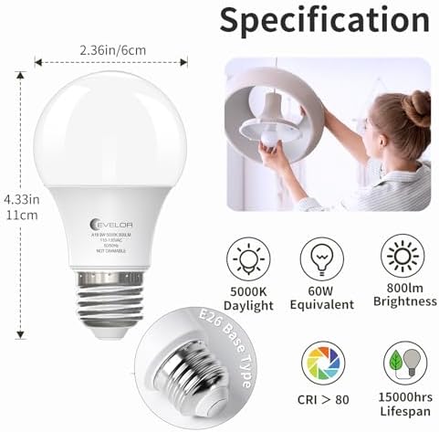 evelor 6-Pack A19 LED Light Bulbs,60 Watt Equivalent,Daylight 5000K
