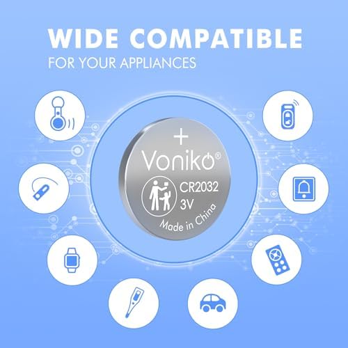 Voniko CR2032 3V Lithium Batteries 5 Pack for Child Safety, Compatible with AirTag, Key Fobs, Thermometers, Scales – 7 Years Shelf Life