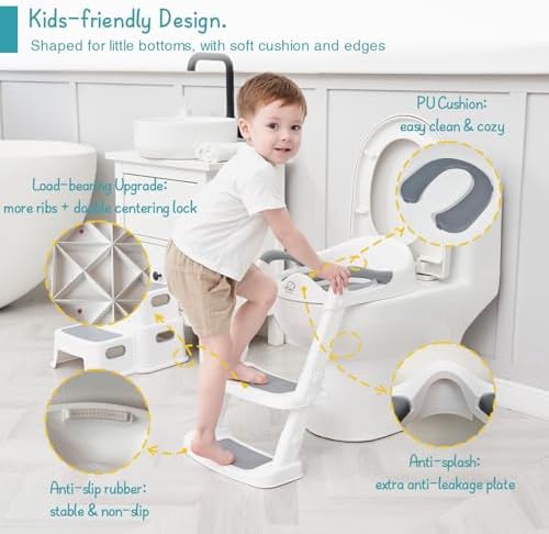 Forbena Potty Training Toilet Seat with Step Stool Ladder, Toddler Kids Potty Seat for Boys Girls, Non Slip Foldable Toilet Training Seat with Soft Cushion, Comfortable Handles (White-Grey)