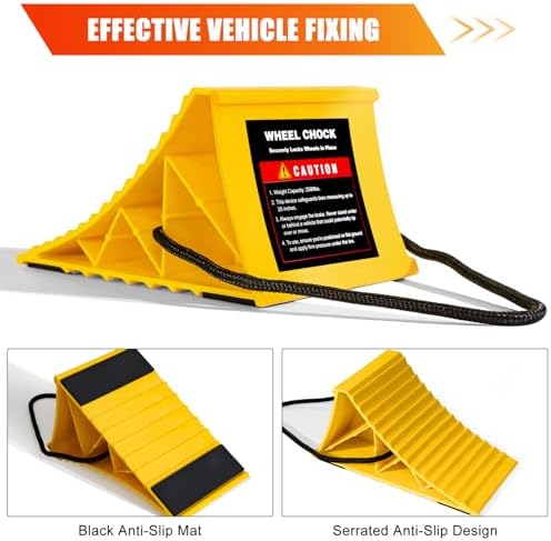 Wheel Chocks for RV Trailer, 4 Pack Non Slip Wheel Chocks for Travel Trailers with Rope for Easy Removal, Lightweight Plastic Wheel Stoppers Block for Camper Cars Trucks