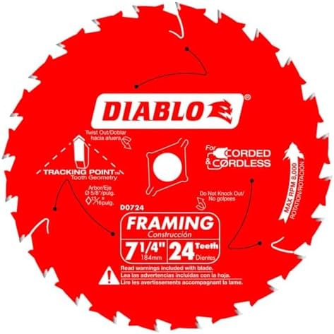 Diablo Framing Saw Blade for Wood - 7-1/4" x 24-Tooth, Thin Kerf, Anti-Vibration, Long Life for Framing & Pressure-Treated Wood, Tracking Point Tooth Design - Pack of 10 - D0724A
