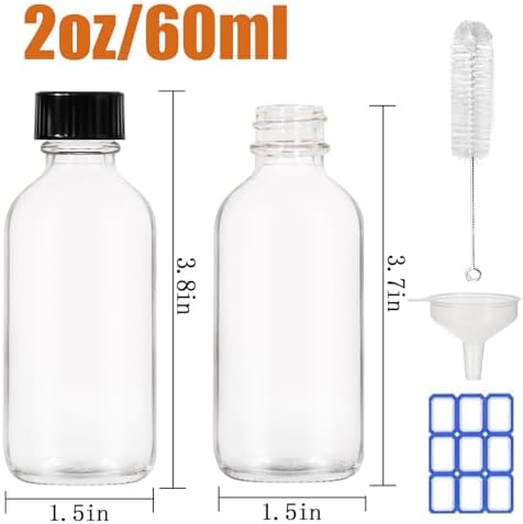 2 oz (60ml) 15 Pack Leak-Proof Clear Glass Boston Round Bottles with lids