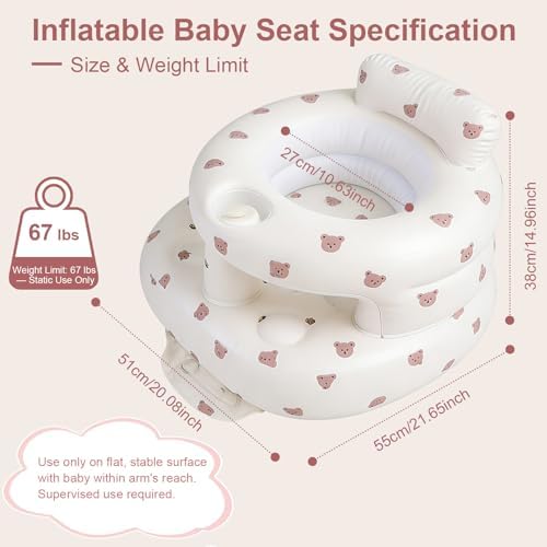 Inflatable Baby Seat with Built-in Pump and Back Support, Brown Bear
