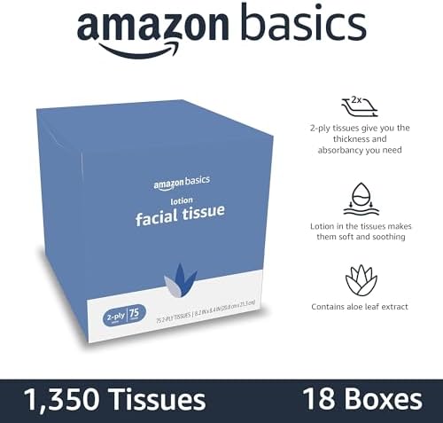 Amazon Basics Facial Tissues with Lotion, 2-Ply, 1350 Count (18 Packs of 75), Cube Box, (Packaging May Vary)