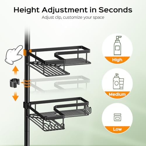 HAMITOR Shower Caddy Tension Pole: Corner Bathroom Organizer for Renters
