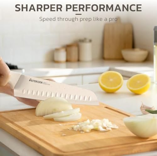 Astercook Knife Set, 15 Pieces Kitchen Knife Set with Sharpener Block, German Stainless Steel Knives with Anti-Rust Coating, Dishwasher Safe, Elegant Cream White Design, Perfect for Holiday Gifts