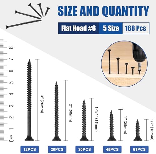 Wood Screws Assortment, 168 PCS #6 Black Flat Head