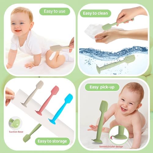 Baby Diaper Cream Spatula 3 Pack Diaper Spatulas Soft Silicone Diaper Cream Applicator Baby Butt Paste Spatula Brush with Suction Base,Full Size(Gray+Off-white+Green