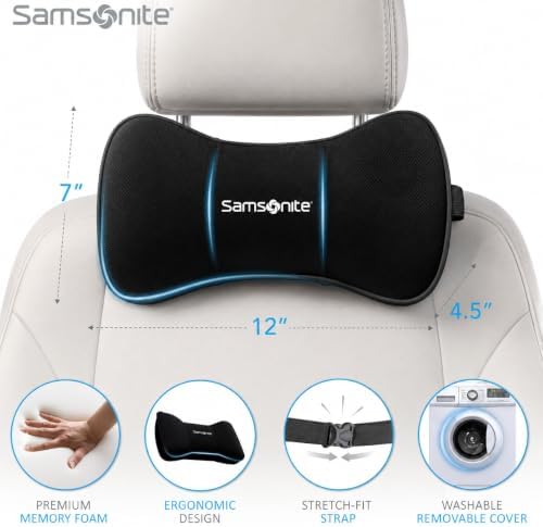 SAMSONITE Car Neck Pillow – Memory Foam Car Seat Headrest Cushion, Ergonomic Neck Support for Driving, Comfortable Head Rest for Long Trips, Travel Pillow for Cars & Office Chairs, Black