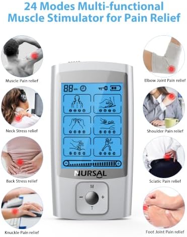 NURSAL 24 Modes TENS Unit Muscle Stimulator for Pain Relief, Rechargeable Electronic Pulse Massager, 8 Pcs Pads, Drug-Free Pain Relief for Shoulder, Back, Muscle, ABS Pads Holder